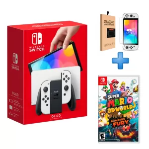 PACK CONSOLA NINTENDO SWITCH OLED BLANCO  + VIDEOJUEGO MARIO 3D WORLD + BOWSER FURY + MICA GLASS PARA SWITCH 